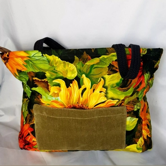 Jacquie Scott Large Zipper Quilted Sunflower Cotton Tote Shoulder Hand Bag - Picture 3 of 7